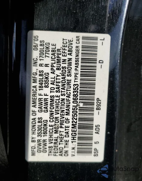 2005 Honda Civic Lx из США, поврежденный, VIN 1HGEM22505L068353